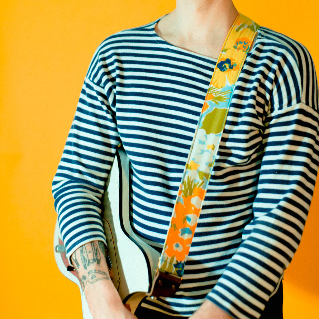 Floral guitar strap made with vintage fabric by Original Fuzz. 
