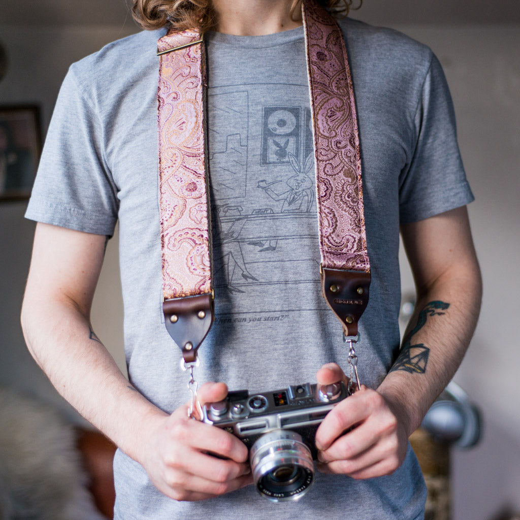 shimmering pink paisley nashville vintage style camera strap by original fuzz