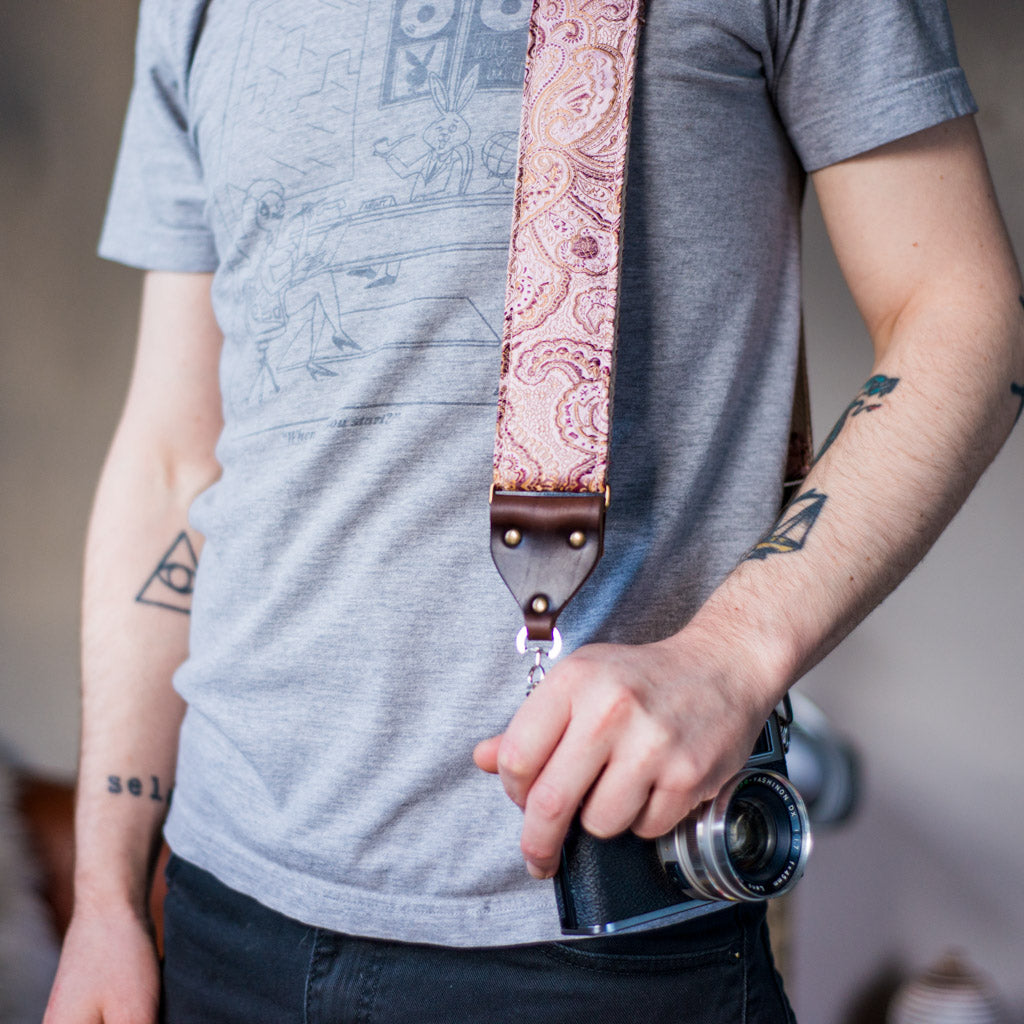 shimmering pink paisley nashville vintage style camera strap by original fuzz