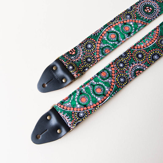 Australian aboriginal artisan designed print handmade guitar strap by Original Fuzz in Nashville.