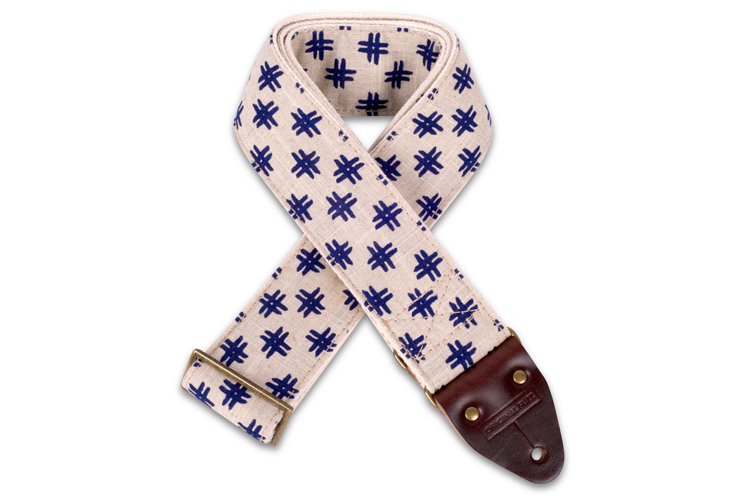 Nashville guitar strap in white and blue hashtag woven fabric we call the 