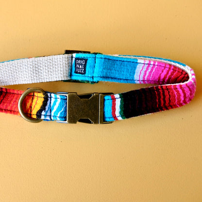 Original Fuzz dog collar made in Nashville with light blue serape fabric.