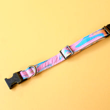 Psychedelic cotton print dog collar in pink and blue swirl made by Original Fuzz in Nashville.
