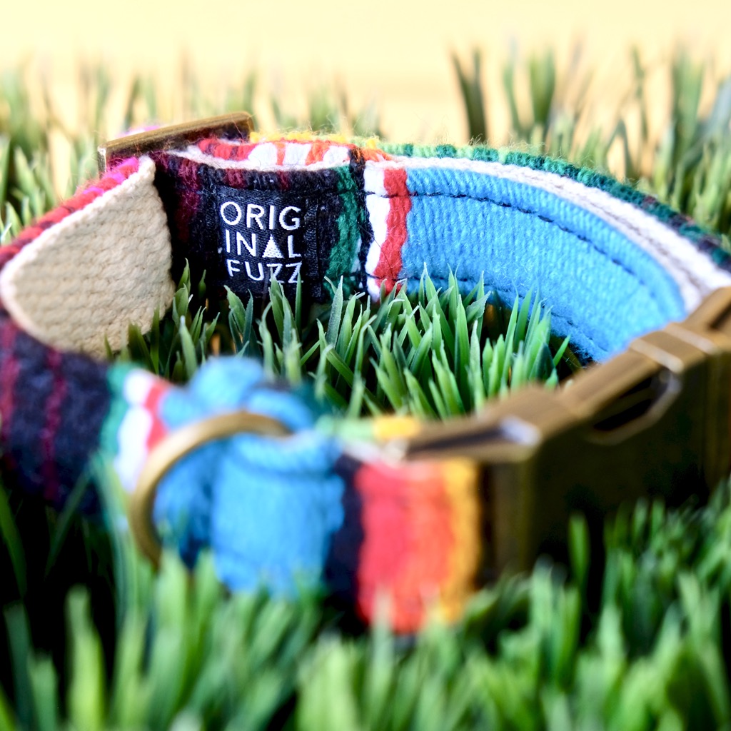 Original Fuzz dog collar made in Nashville with light blue serape fabric.