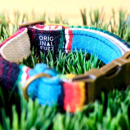 Original Fuzz dog collar made in Nashville with light blue serape fabric.