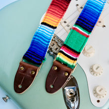Original Fuzz Mexican serape blanket guitar strap in green in the new skinny width with a Fender guitar.