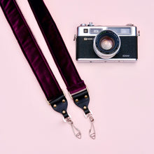 Original Fuzz purple velvet camera strap in the new skinny width with vintage camera.
