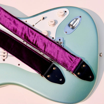 Original Fuzz purple velvet guitar strap with a Fender guitar. 