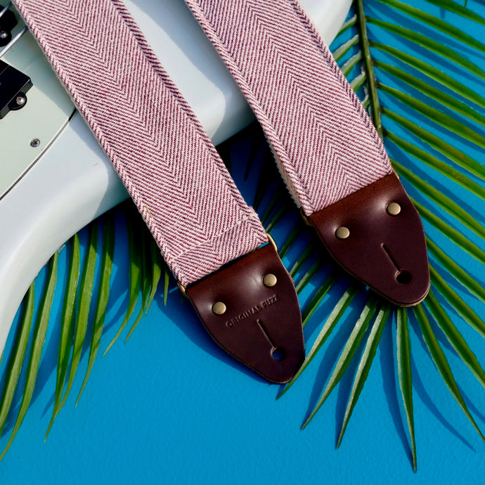 Original Fuzz Summer Sale 2019 featuring the Indian guitar strap in red and cream herringbone woven cotton.