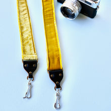 Yellow velvet vintage-style camera strap made in Nashville by Original Fuzz.