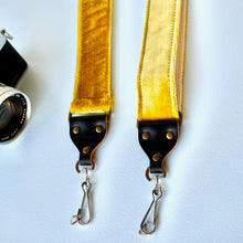 Yellow velvet vintage-style camera strap made in Nashville by Original Fuzz.