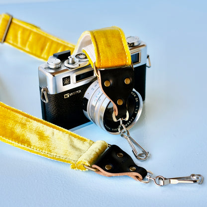 Yellow velvet vintage-style camera strap made in Nashville by Original Fuzz.