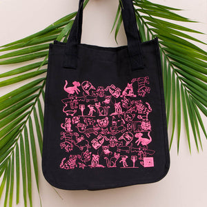 Original Fuzz black organic cotton tote bag silkscreened with hot pink Fuzz Fest cats is meant for carrying around records, groceries, whatever else you need to carry. 