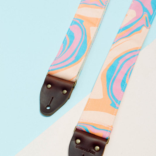 tye dye vibrant electric avenue pink blue orange swirl Nashville guitar strap by original fuzz