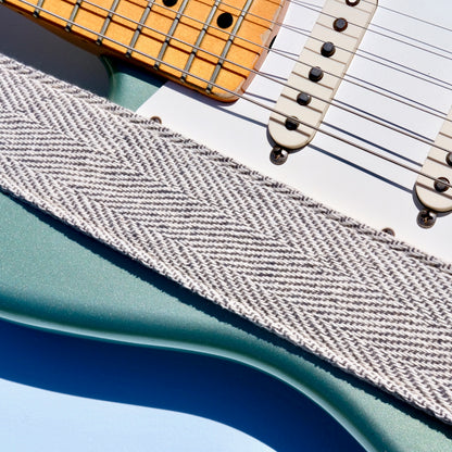 Black and cream woven guitar strap made in Nashville using fair-trade fabric from India.