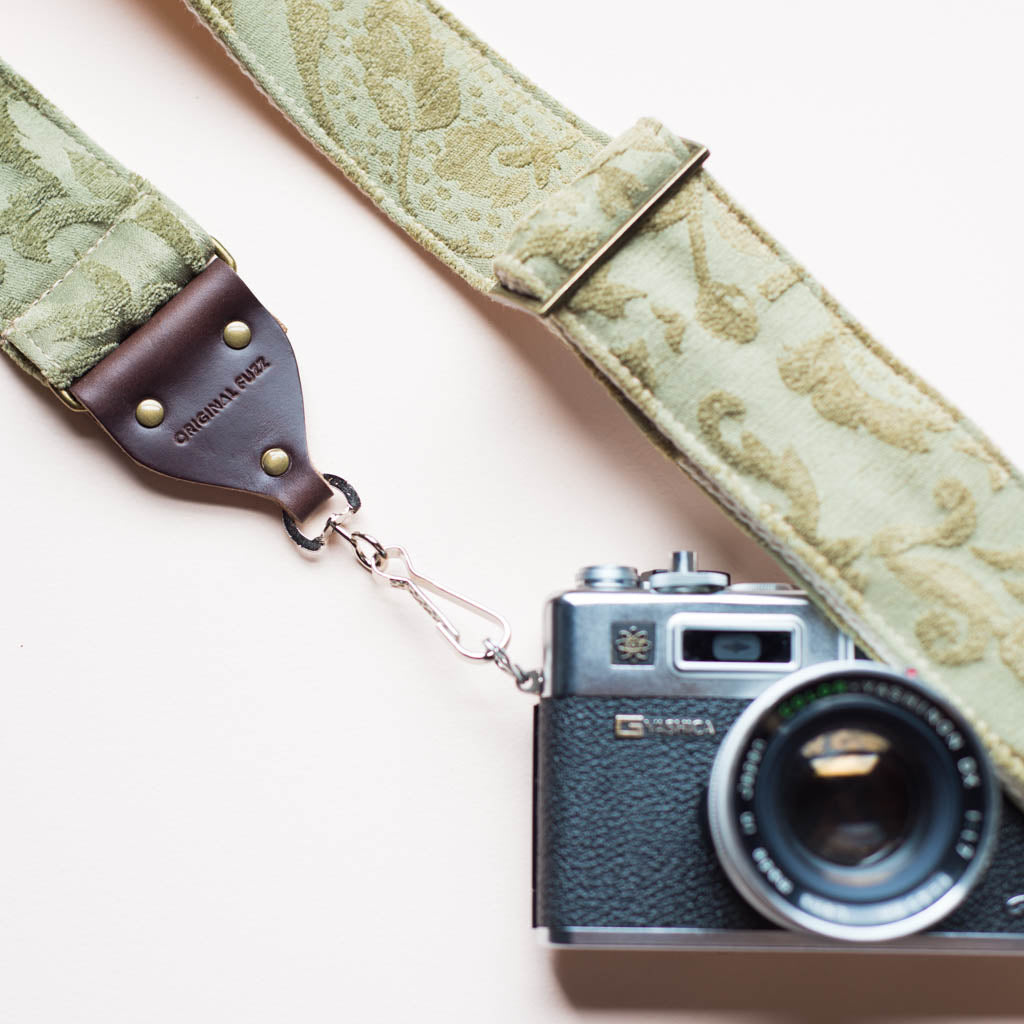 sage green vintage style camera strap by original fuzz