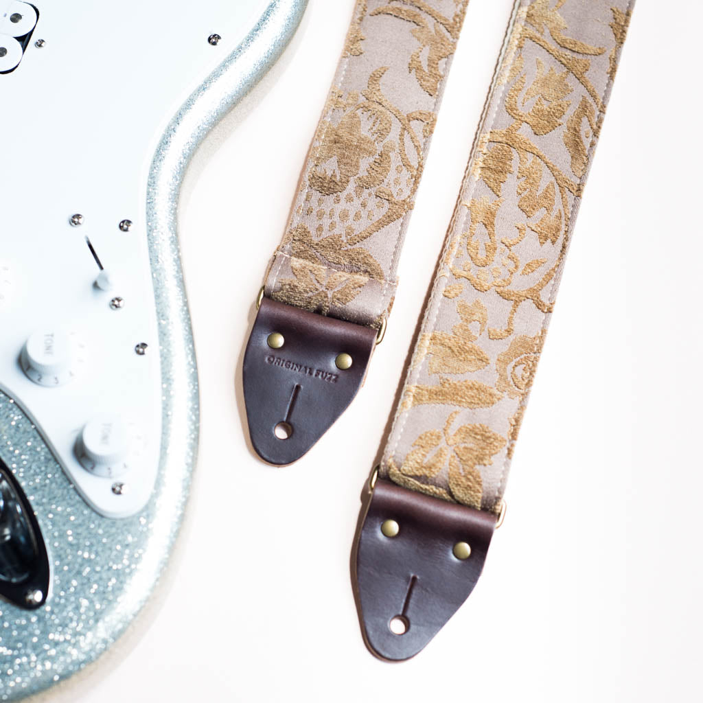 light brown embroidered vintage guitar strap by original fuzz