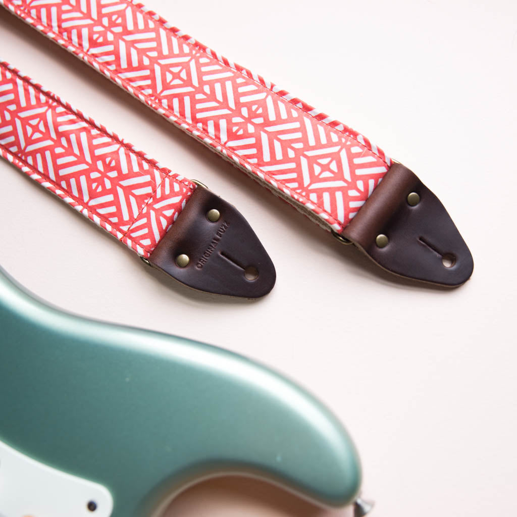 red and white tribal print vintage style guitar strap by original fuzz