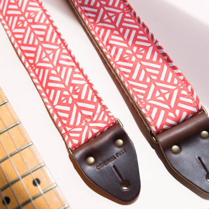 red and white tribal print vintage style guitar strap by original fuzz