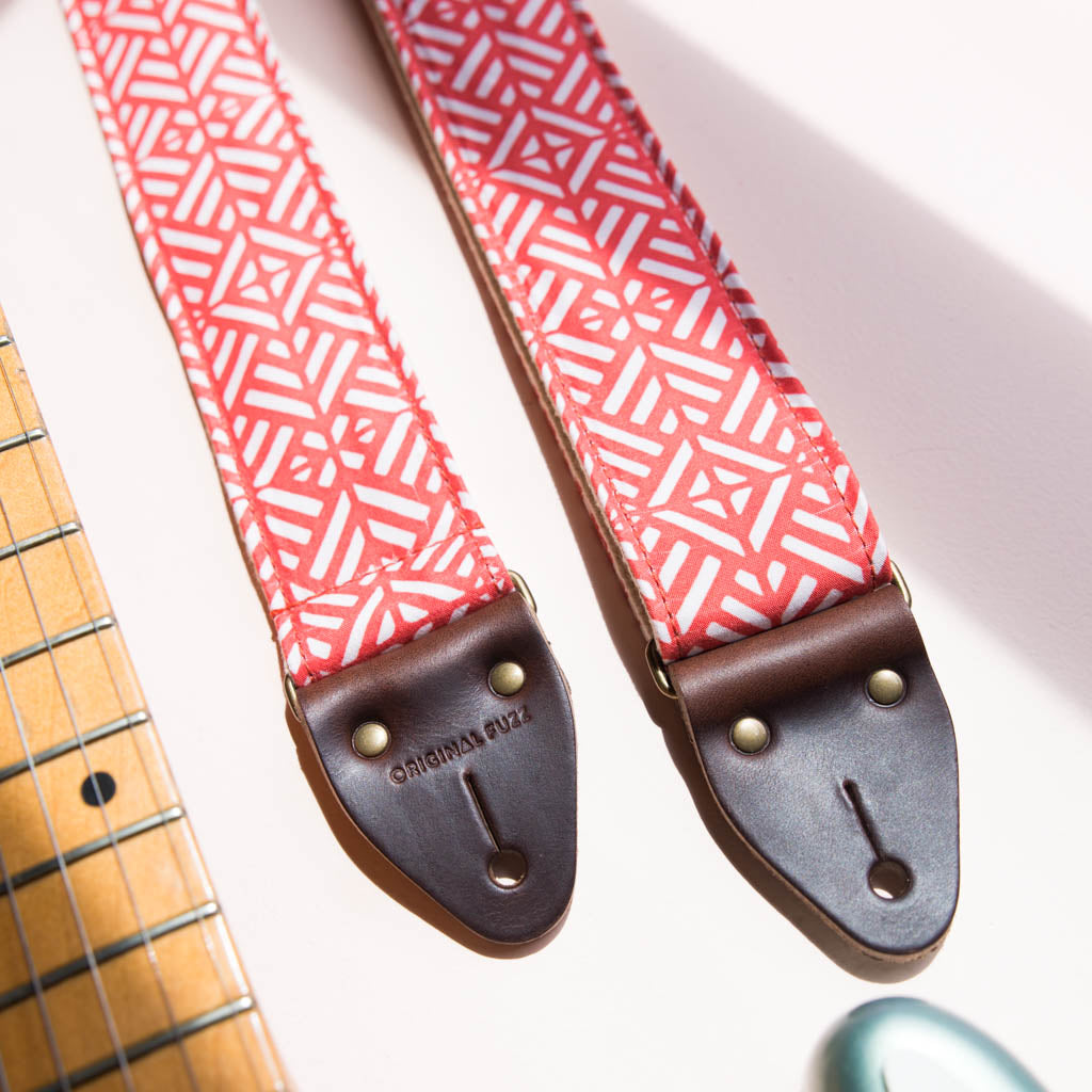 red and white tribal print vintage style guitar strap by original fuzz