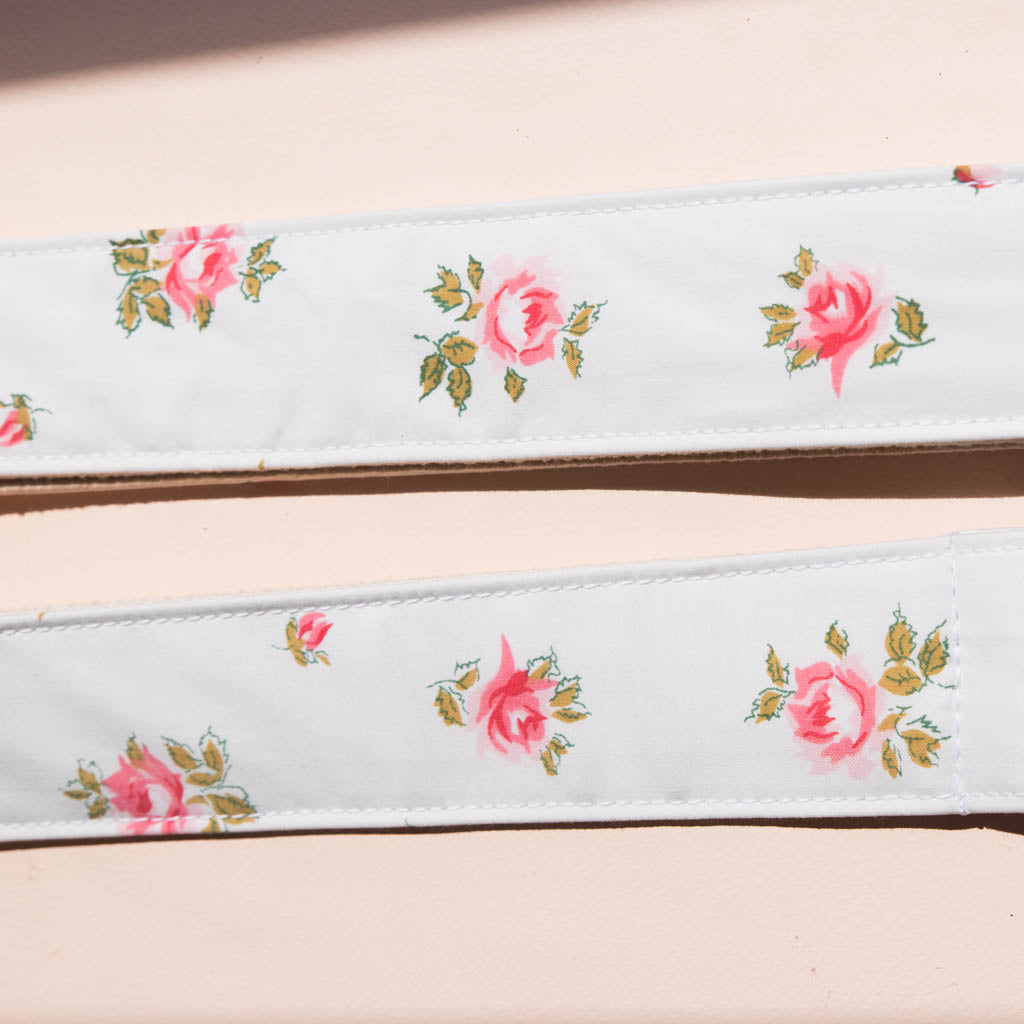 Vintage guitar strap with a rose design made by Original Fuzz in Nashville, TN. 