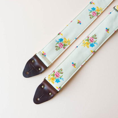 Reclaimed vintage guitar strap in 70s cream polyester with floral design made by Original Fuzz.