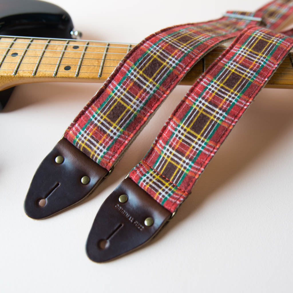 Vintage guitar strap made with repurposed red plaid flannel by Original Fuzz. 