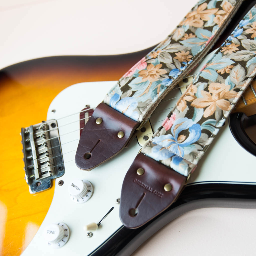Vintage guitar strap made with a repurposed floral polyester from the 80s by Original Fuzz. 