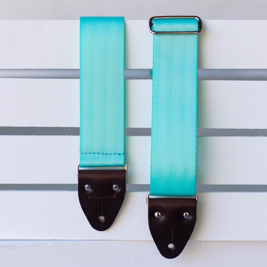 surf green vintage-style seatbelt guitar strap by original fuzz