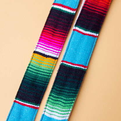 Blue Mexican serape blanket guitar strap in Desmachine by Original Fuzz