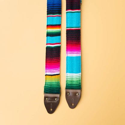 Blue Mexican serape blanket guitar strap in Desmachine by Original Fuzz