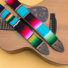 Blue Mexican serape blanket guitar strap in Desmachine by Original Fuzz