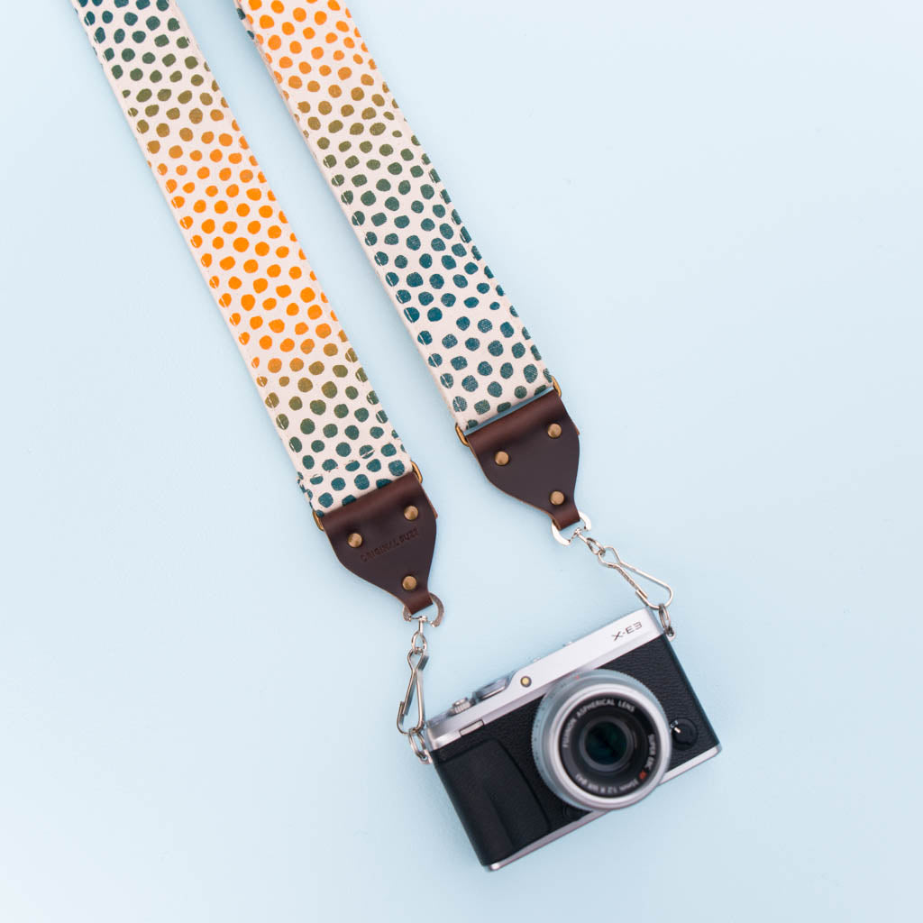 polka dots silkscreen vintage style camera strap by original fuzz and grand palace  