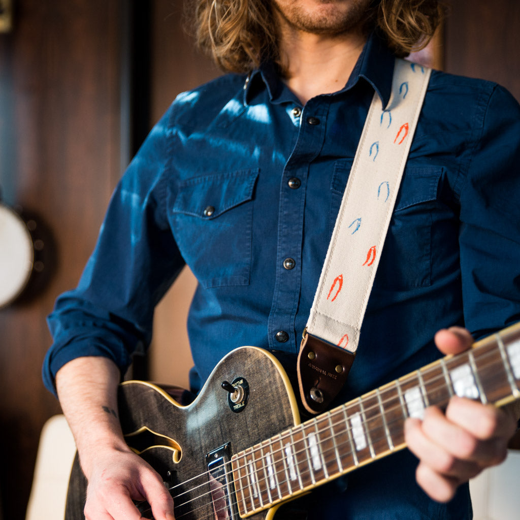 red white blue minimalist silkscreen guitar strap in artist series Matt Kivel by original fuzz