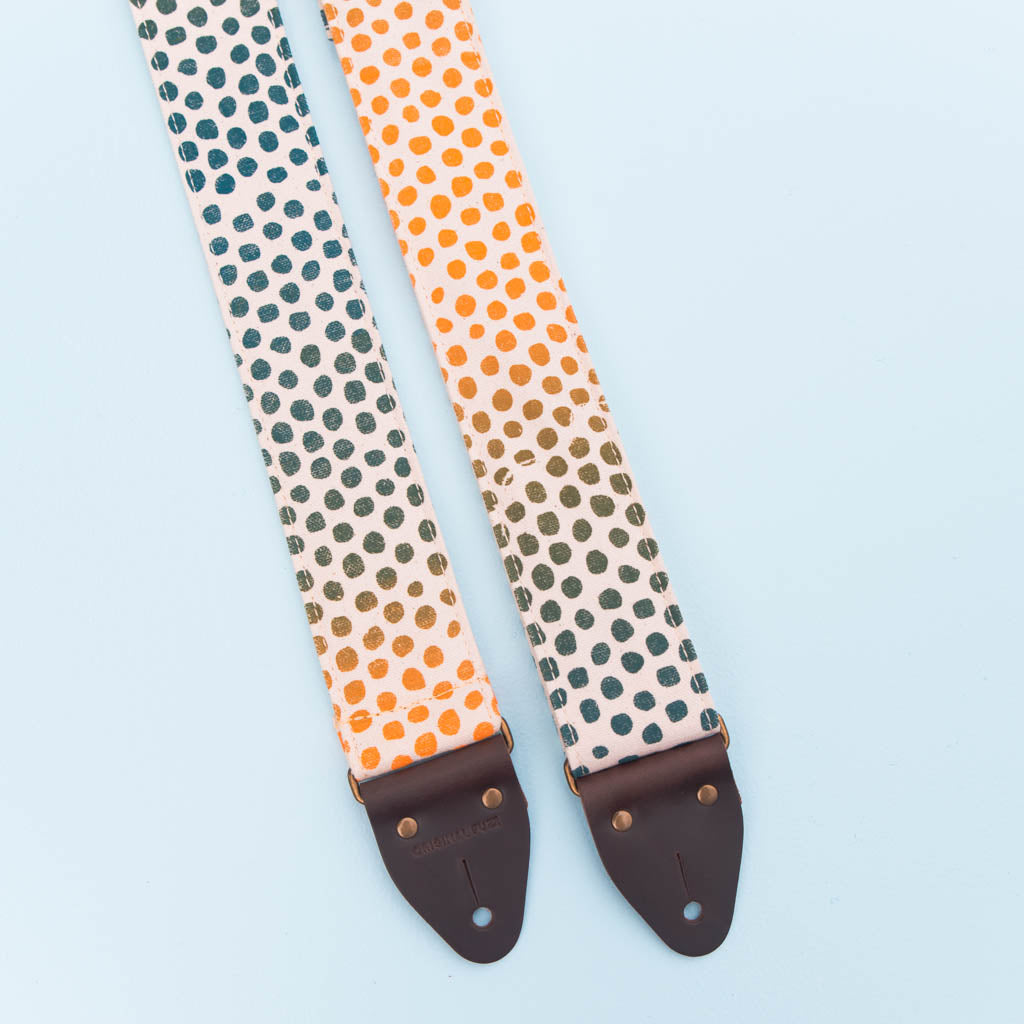 blue orange green purple polka dots silkscreen guitar strap by Original Fuzz and Grand Palace