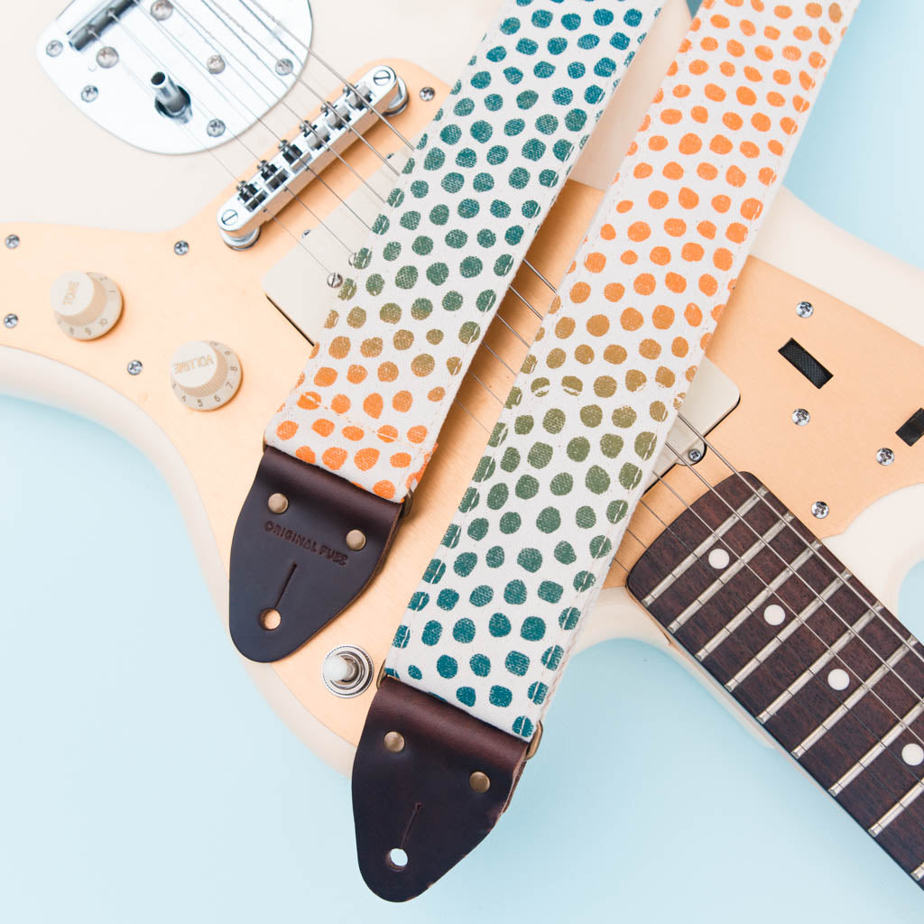 blue orange green purple polka dots silkscreen guitar strap by Original Fuzz and Grand Palace