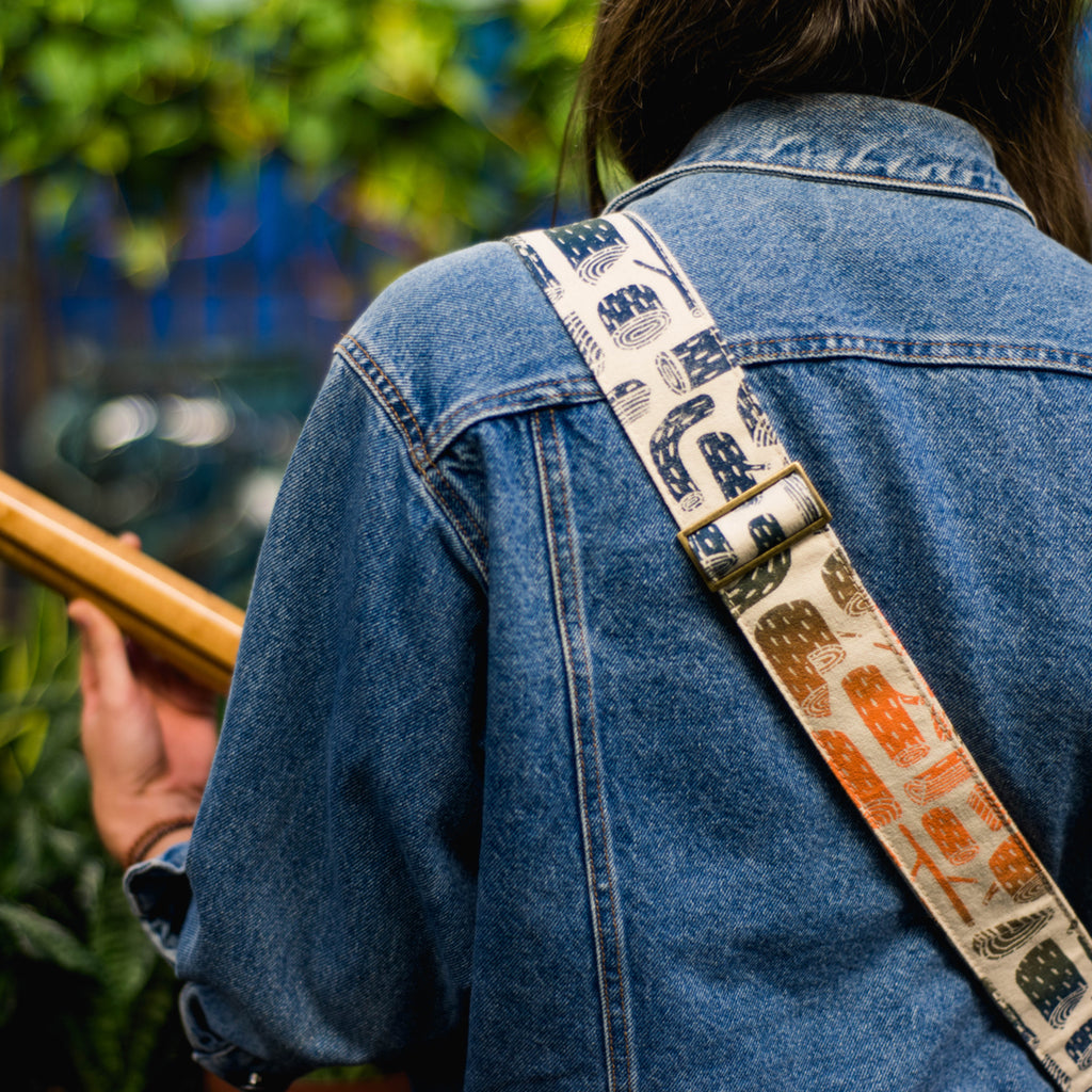 tree stumps silkscreen guitar strap by original fuzz and grand palace