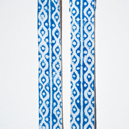 Blue and white block printed vintage-style camera strap made with fabric stamped in India by Original Fuzz in Nashville. 