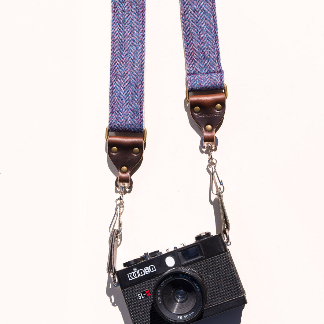 Blue wool herringbone skinny vintage-style camera strap made by Original Fuzz in Nashville. 