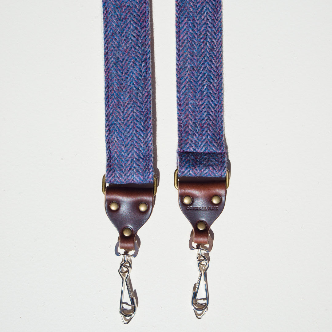 Blue wool herringbone skinny vintage-style camera strap made by Original Fuzz in Nashville. 