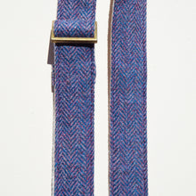 Blue wool herringbone skinny vintage-style camera strap made by Original Fuzz in Nashville. 