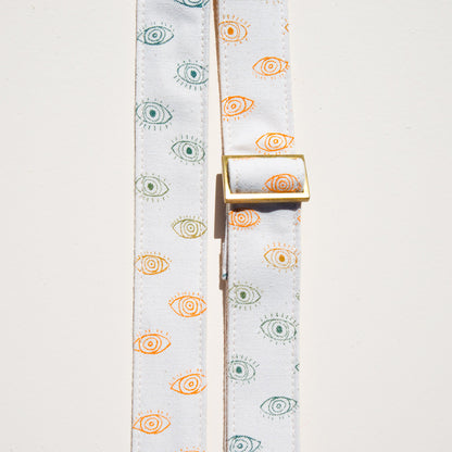 Eyeball silkscreened vintage-style skinny camera strap made by Original Fuzz in Nashville. 