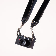 Black velvet camera strap handmade in Nashville by Original Fuzz.