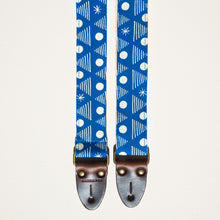 Real Estate's bassist Alex Bleeker designed this skinny guitar strap for Original Fuzz made with blue cotton and silkscreened by Grand Palace with white ink in Nashville, TN. 