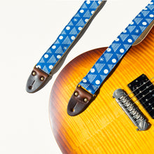 Real Estate's bassist Alex Bleeker designed this skinny guitar strap for Original Fuzz made with blue cotton and silkscreened by Grand Palace with white ink in Nashville, TN. 