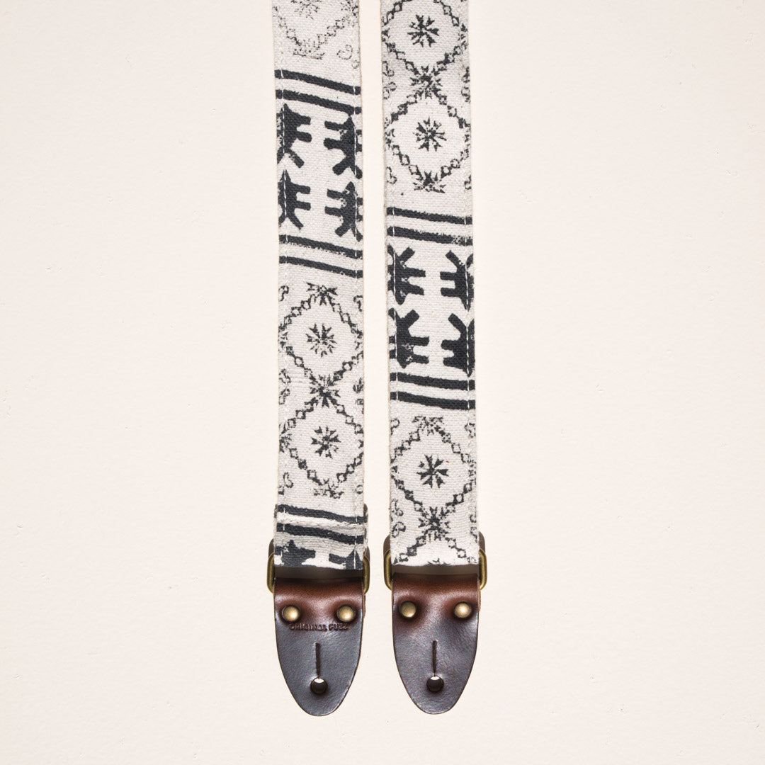 Cream and black block print skinny guitar strap made with fabric from India by Original Fuzz in Nashville, TN.