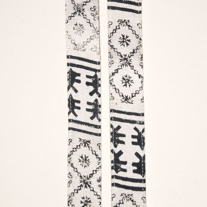 Cream and black block print skinny guitar strap made with fabric from India by Original Fuzz in Nashville, TN.