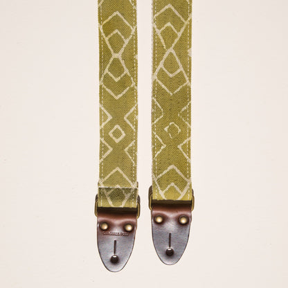 Green and cream Indian block print skinny guitar strap by Original Fuzz in Nashville, TN.