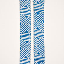 Blue and white skinny guitar strap made with block printed fabric from India by Original Fuzz in Nashville, TN. 