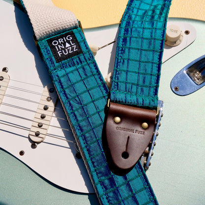 Teal Dupioni silk guitar strap designed by The Minks and made by Original Fuzz in Nashville.